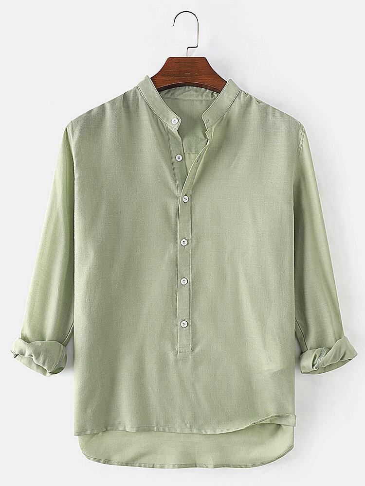 Mens Solid Color Cotton Half Open Collar Long Sleeve Simple Henley Shirts - Trendha