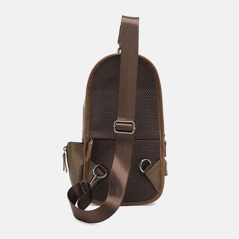 Men PU Leather Vintage Multifunction Earphone Hole USB Charging Crossbody Bag Chest Bag Sling Bag - Trendha