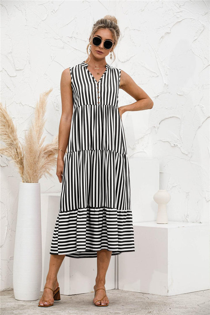 Striped Tiered Sleeveless Swing Dress - Trendha