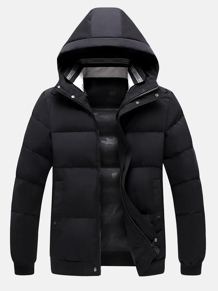 Mens Windproof Warm Soldi Color Zipper Hooded Coats With Pocket - Trendha