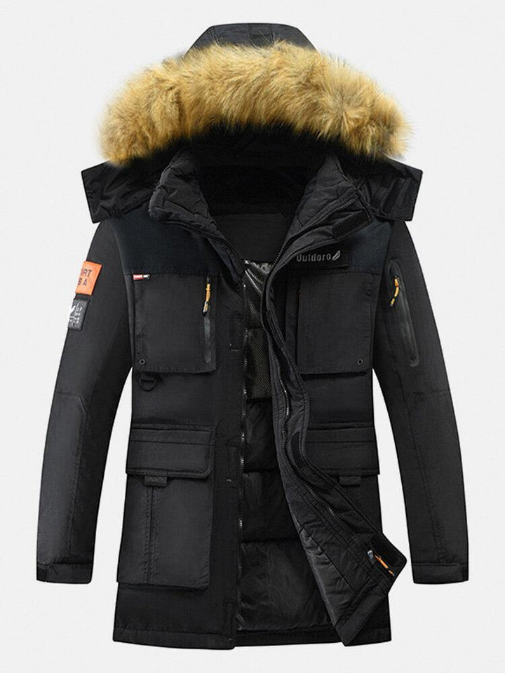 Mens Winter Thicken Multi-Pocket Zipper Fur Hooded Warm Down Coat - Trendha