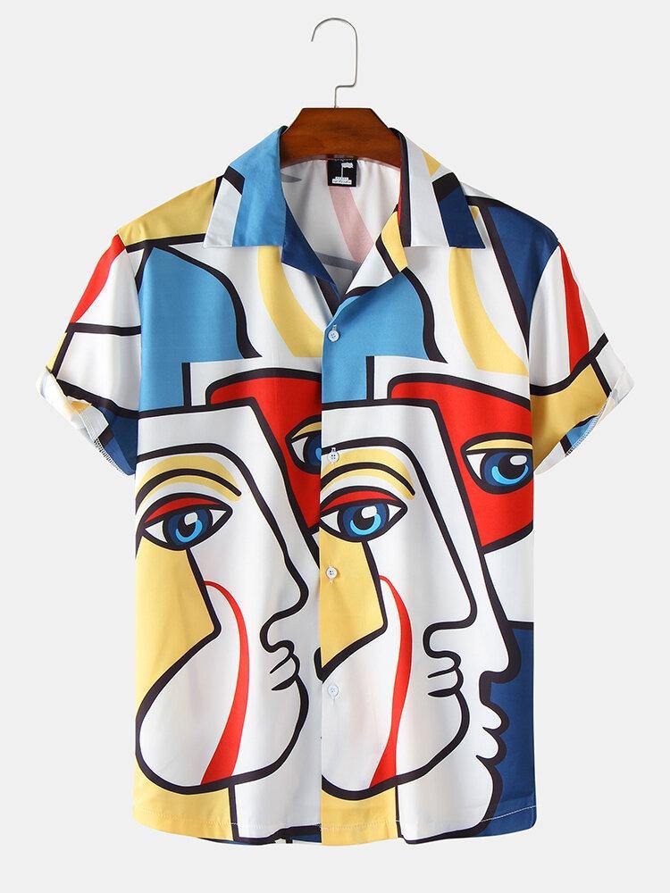 Mens Funny Colorful Abstract Face Printed Revere Street Shirts - Trendha