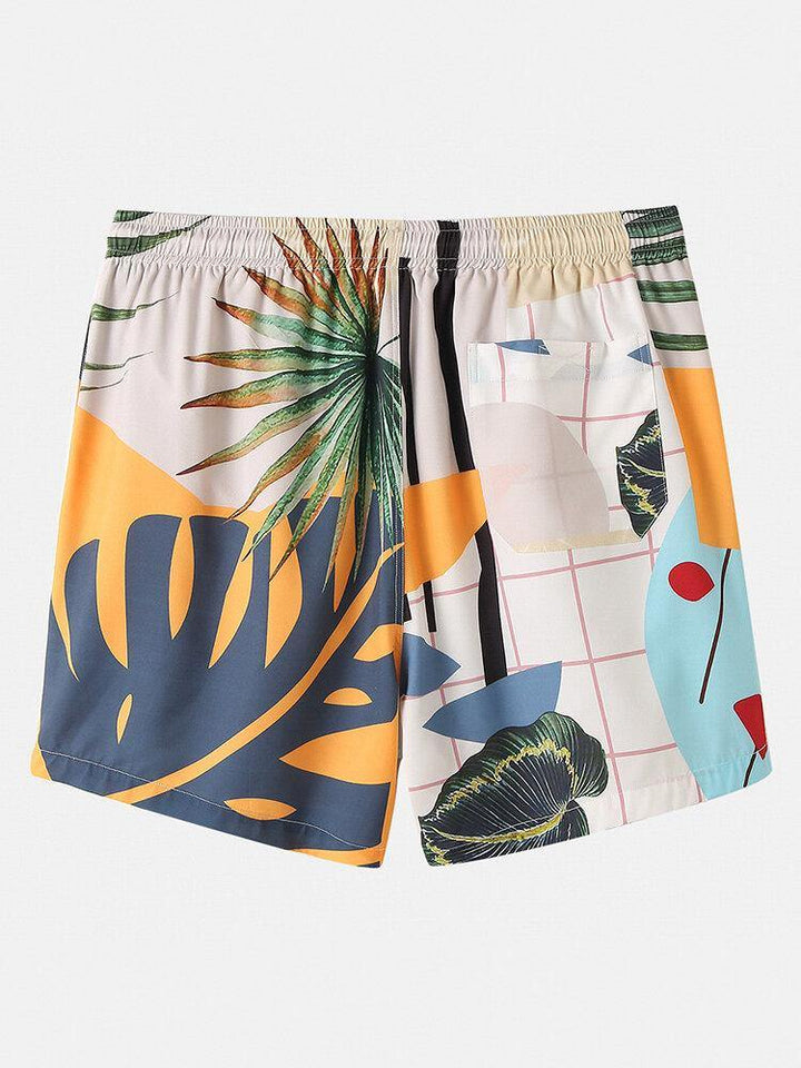Mens Casual Plants Leave Print Tropical Drawstring Shorts - Trendha