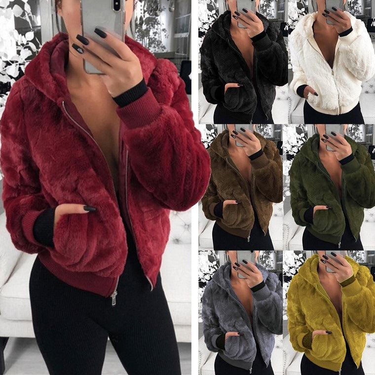 Hooded rabbit fur faux fur plush coat - Trendha