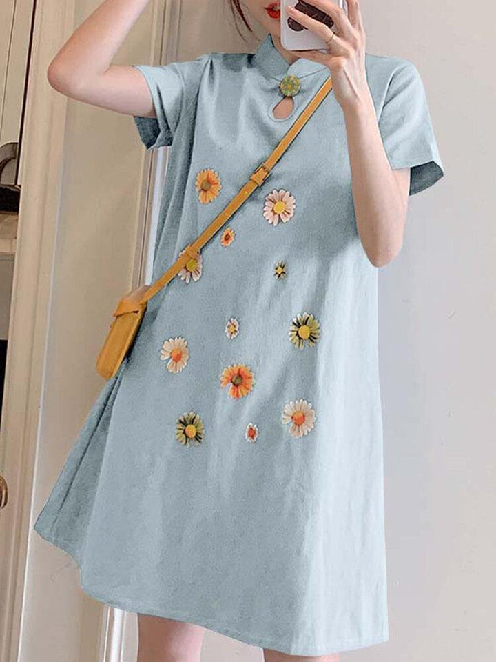 Embroidery Floral Splicing Lapel Casual Dress For Women - Trendha