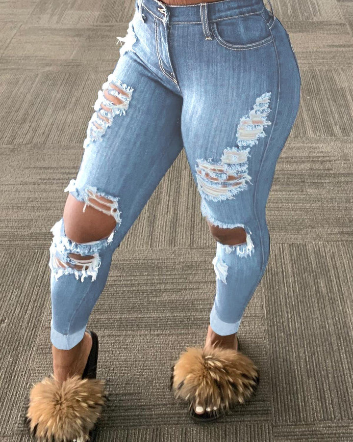 Explosion style ripped denim trousers - Trendha