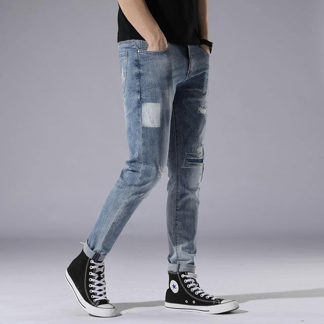 Light Blue Hole Jeans Men's Day Slim Stitching Patch Street Stretch Pants - Trendha