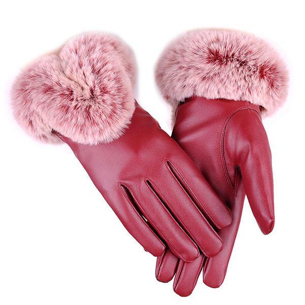 Women Cold Winter Warm Thick Rabbit Fur Leather Ski Gloves - Trendha