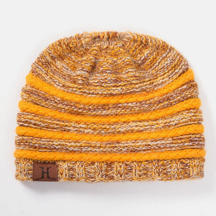 Unisex Wool Stripe Pattern Keep Warm Empty Top Ear Protection Knitted Hat - Trendha