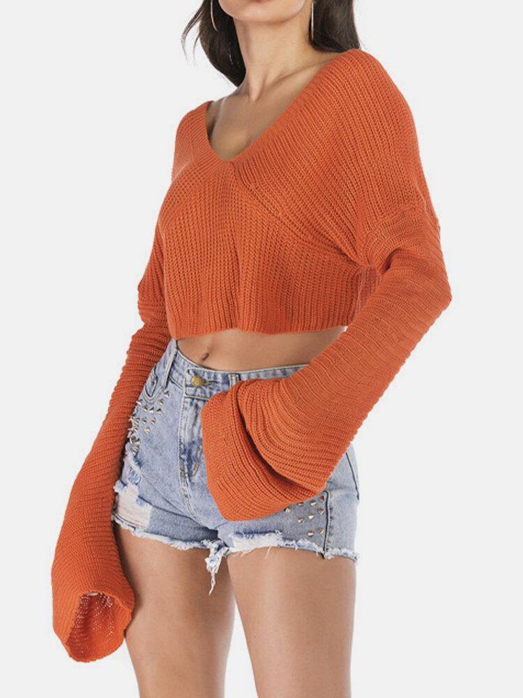 Women Solid V-Neck OffShoulder Stylish Loose Crop Knitted Sweater - Trendha