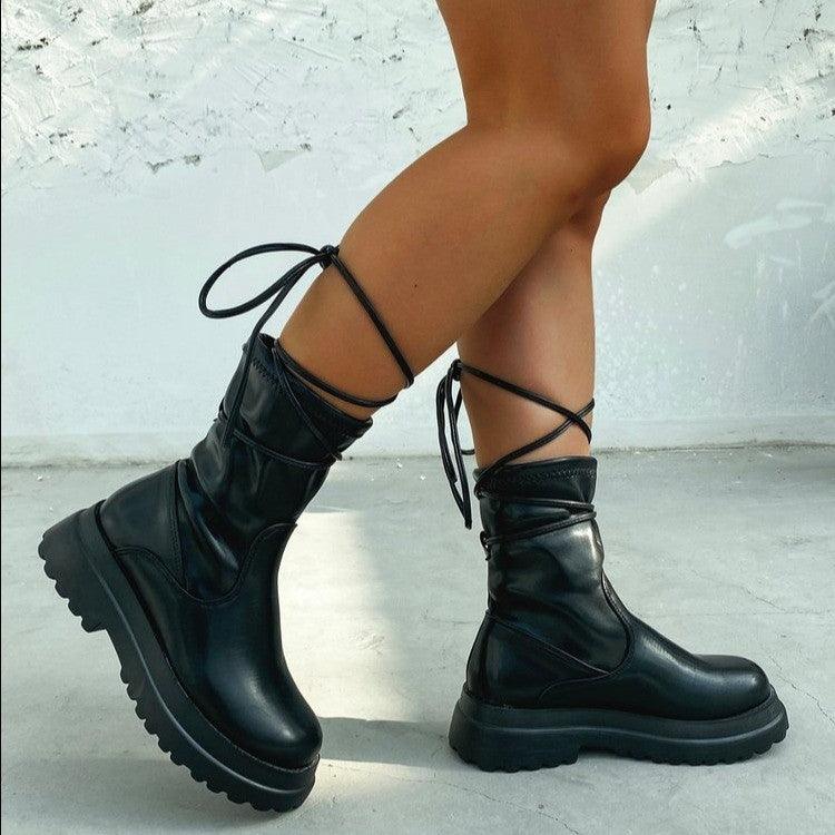 Chunky-Sole Tie-Detail Ankle Boots