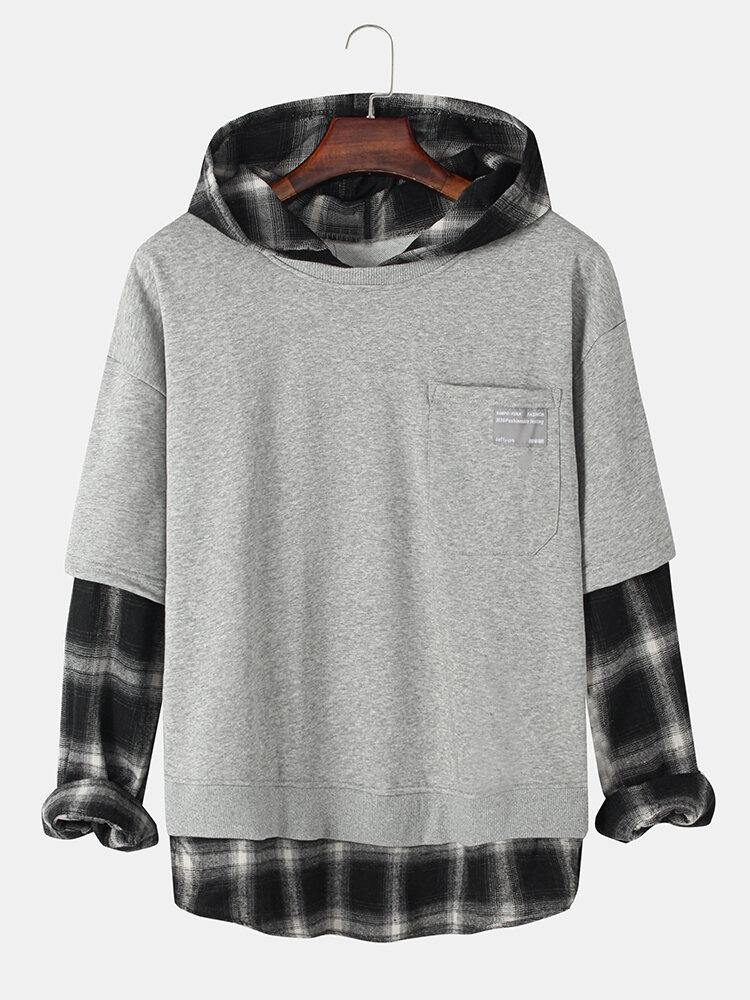 Mens Check Faux Twinset Stitching Chest Pocket Pullover Hoodies - Trendha