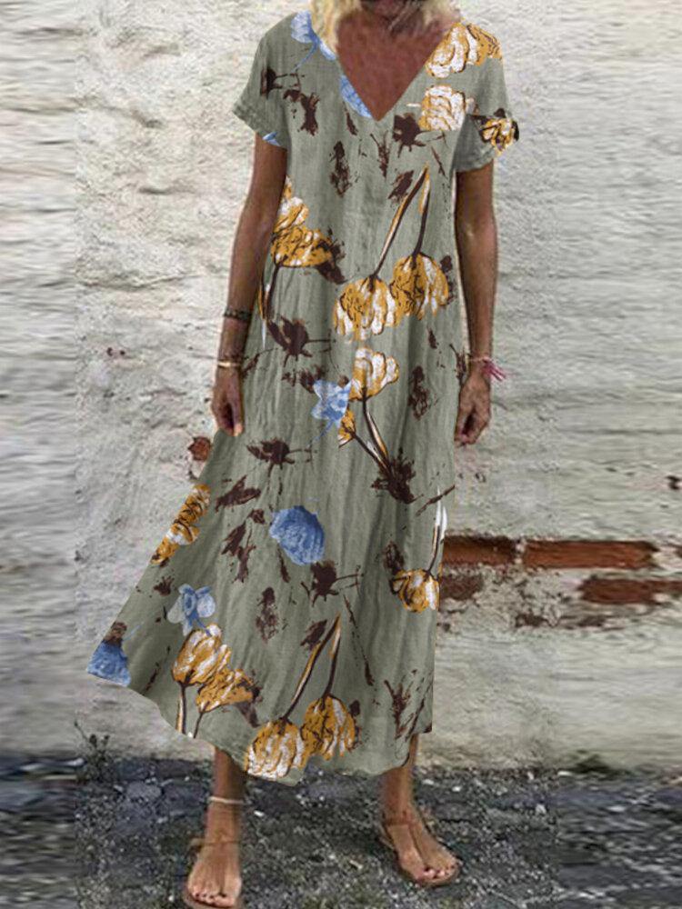 Women V-Neck Floral Printed Bohemian Leisure Casual Loose Dress - Trendha