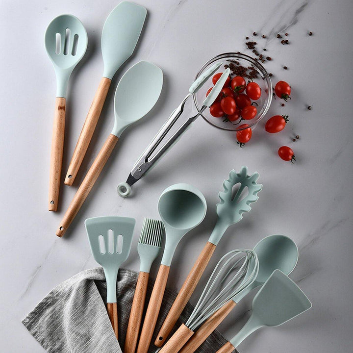 12pcs Wooden Silicone Kitchen Utensil Nonstick Cooking Tool Spoon Soup Ladle Turner Spatula Tong Cookware Baking Gadget - Trendha