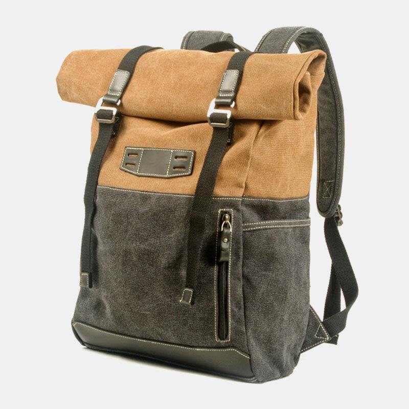 Men Genuine Leather Cowhide and Canvas Patchwork Outdoor Waterproof Anti-theft Hiking 14 Inch Laptop Backpack - Trendha