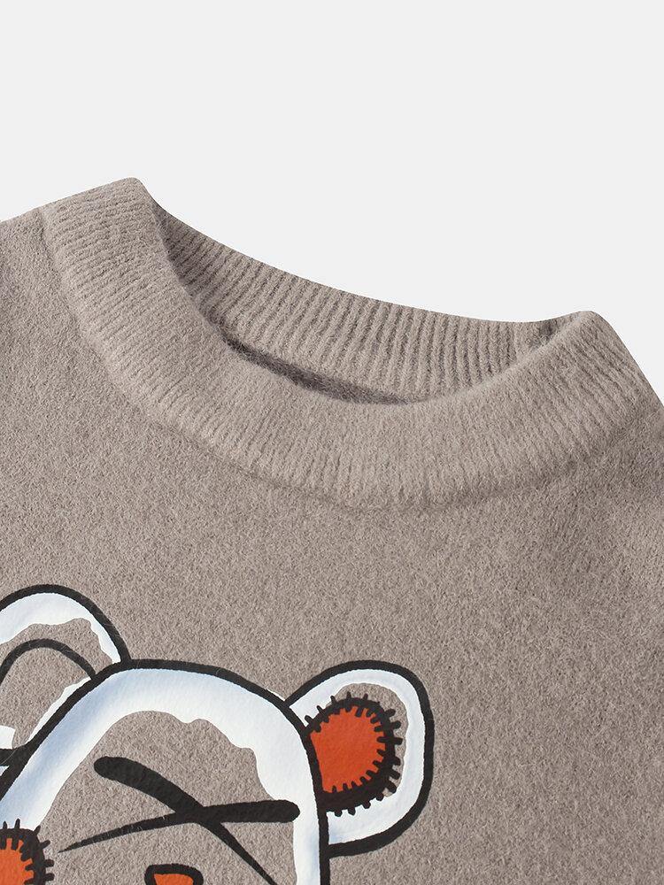 Mens Cartoon Bear Letter Print Crew Neck Knit Pullover Sweaters - Trendha