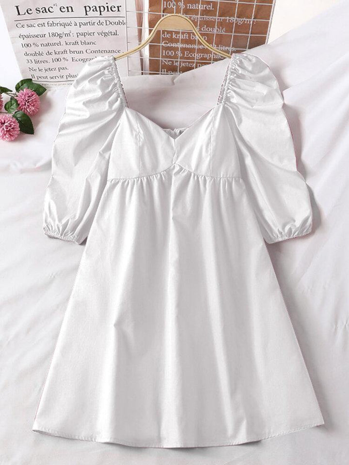 Puff Sleeve Casual Solid Pleating Summer Holiday Dress For Women - Trendha