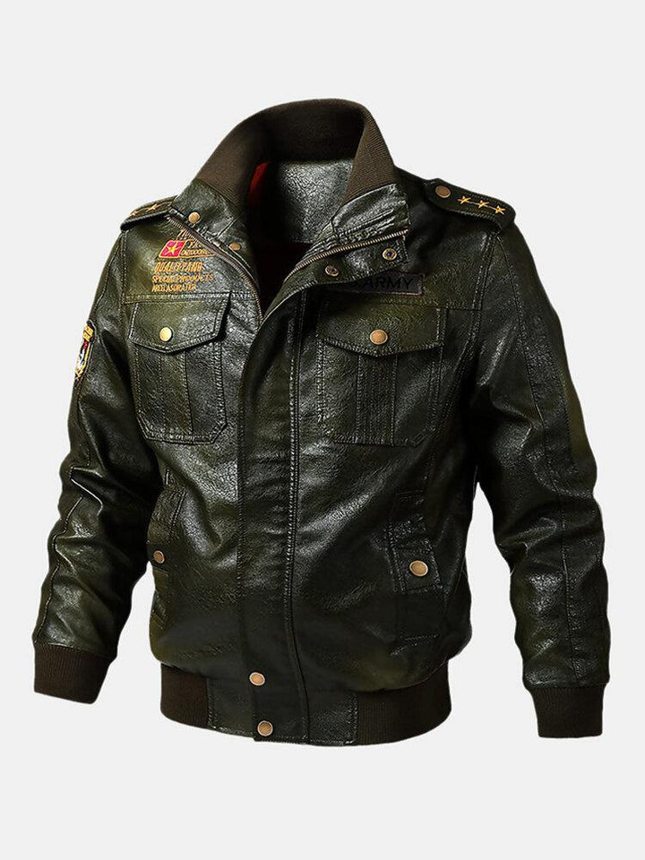 Mens PU Leather Badge Zip Front Biker Jackets With Flap Pockets - Trendha