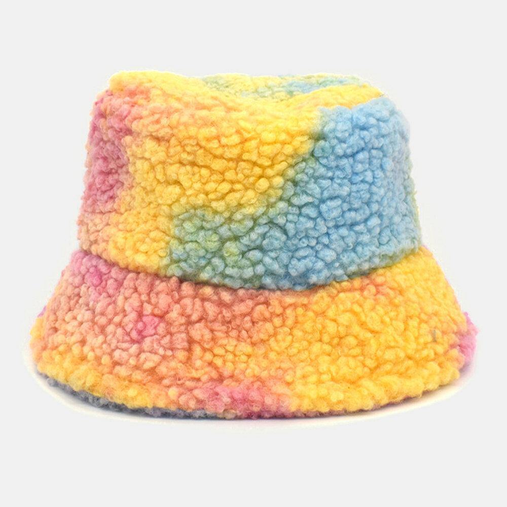 Women Tie-dye Mix Color Lamb Hair Warm Casual Cute Bucket Hat - Trendha