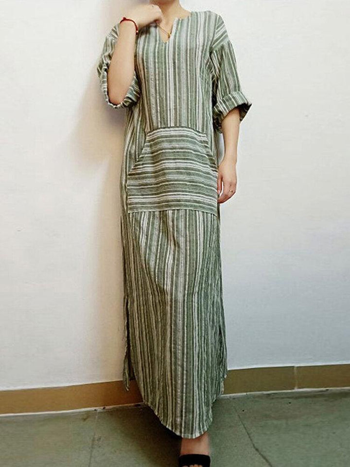 Women Striped V Neck Long Sleeve Casual Loose Maxi Dress - Trendha