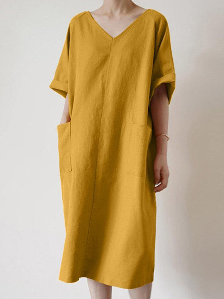 Solid Color V-neck Half Sleeve Plain Casual Pocket Dress - Trendha