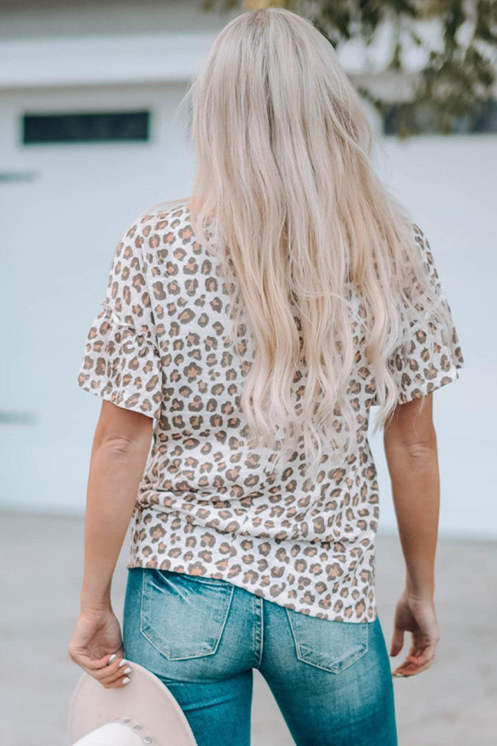 Leopard Buttoned Short Flounce Sleeve T-Shirt - Trendha