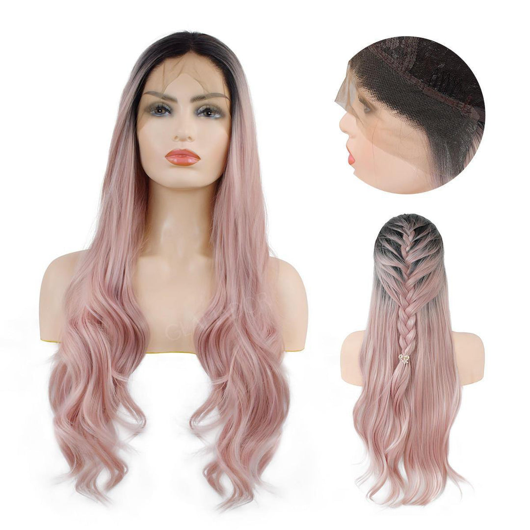 24 Inch T Pink Wig Front Lace Chemical Fiber Wig ladies high temperature silk half hand hook big curly hair - Trendha