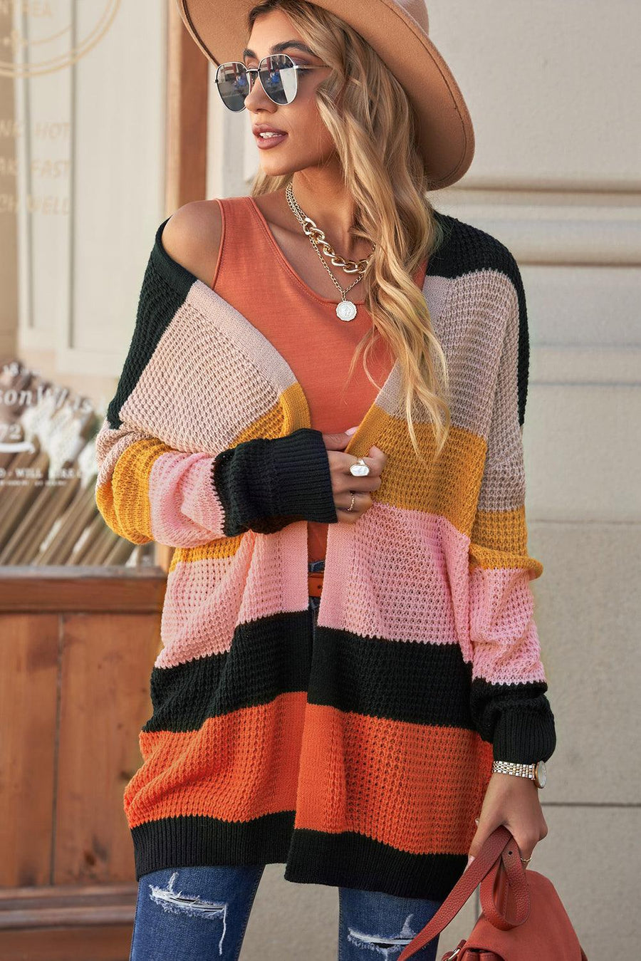 Waffle Knit Striped Open Front Cardigan - Trendha