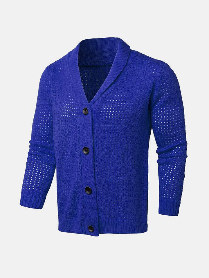Mens Rib-Knit Hollow Out Button Front Lapel Casual Long Sleeve Cardigans - Trendha