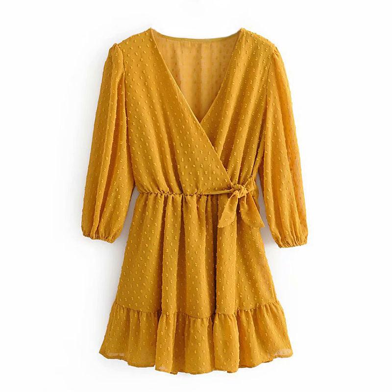 V-neck high waist pleated chiffon dress - Trendha