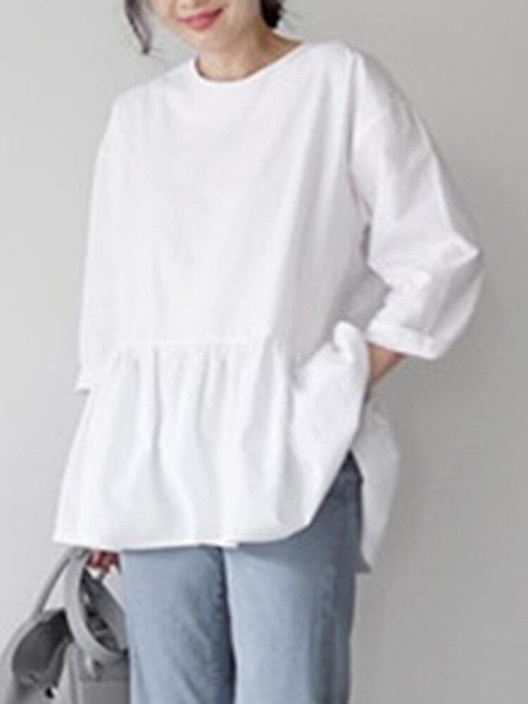 O-Neck Pleated Back Zipper Solid Blouse For Women - Trendha