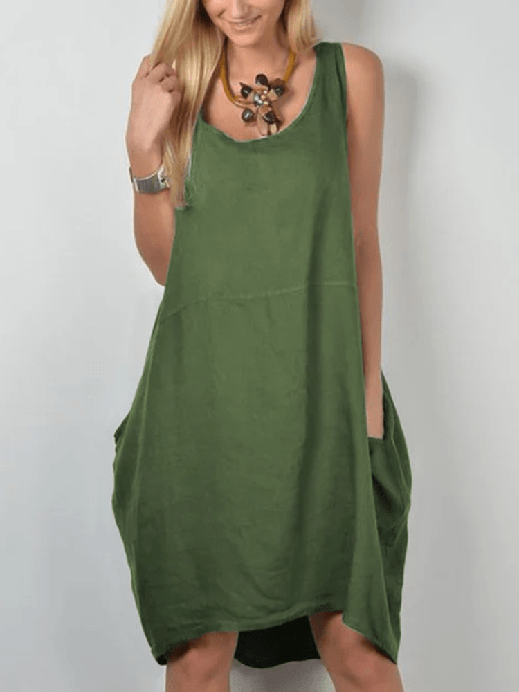 Women Solid Color Scoop Neck Big Pocket Sleeveless Casual Dresses - Trendha