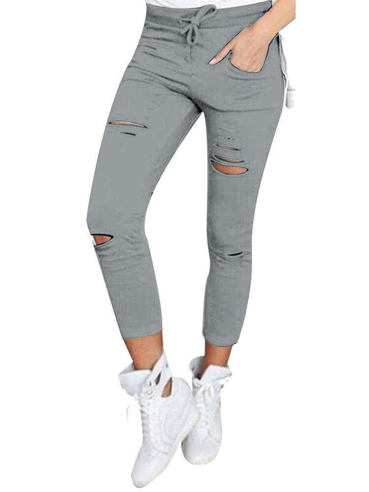 Women Causal Holes High Waist Loose Solid Skinny Jeans - Trendha