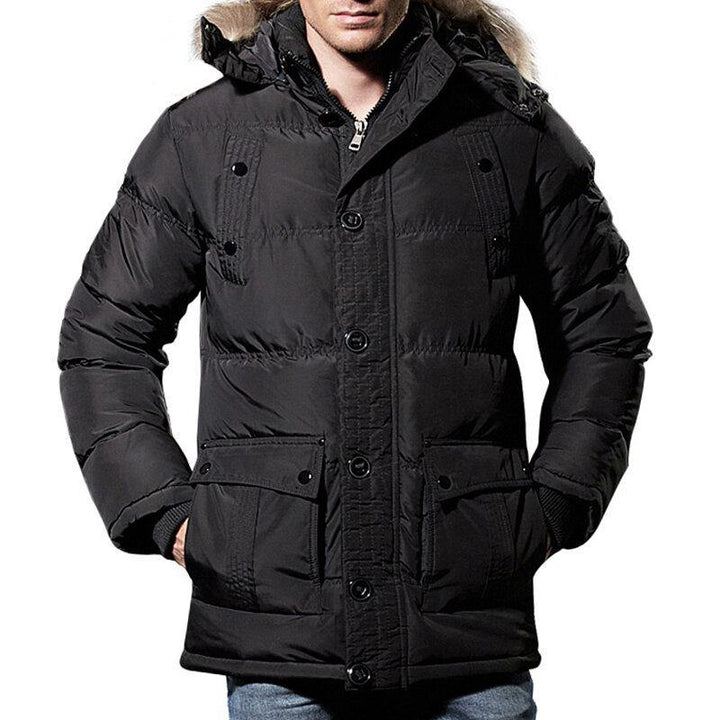 Mens Winter Windproof Multi Pockets Zipper Buttons Solid Color Furry Hood Warm Padded Jacket Parka - Trendha