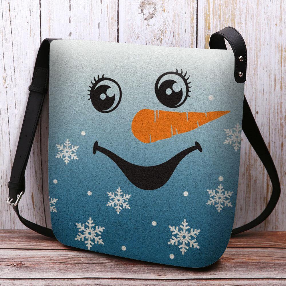Women Felt Cute Festive Christmas Smile Snowman Snowflakes Print Crossbody Bag Shoulder Bag - Trendha