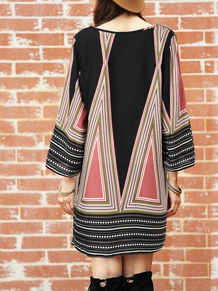 Women V-Neck Knee Length Color Printed Leisure Geometric Bohemian Retro Dress - Trendha