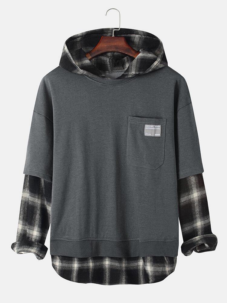 Mens Check Faux Twinset Stitching Chest Pocket Pullover Hoodies - Trendha