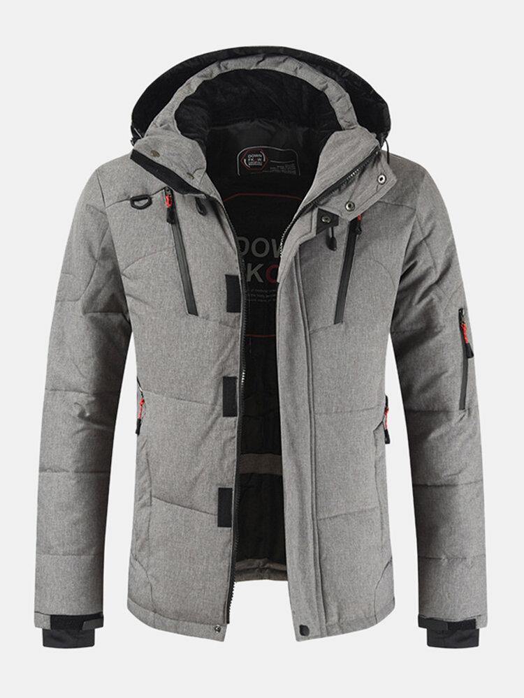 Mens Winter Warm Thicken Zipper Detail Solid Color Hooded Down Coat - Trendha