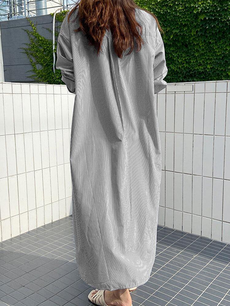 Women Brief Style Striped Print Button Split Hem Long Sleeve Shirt Dress With Pocket - Trendha