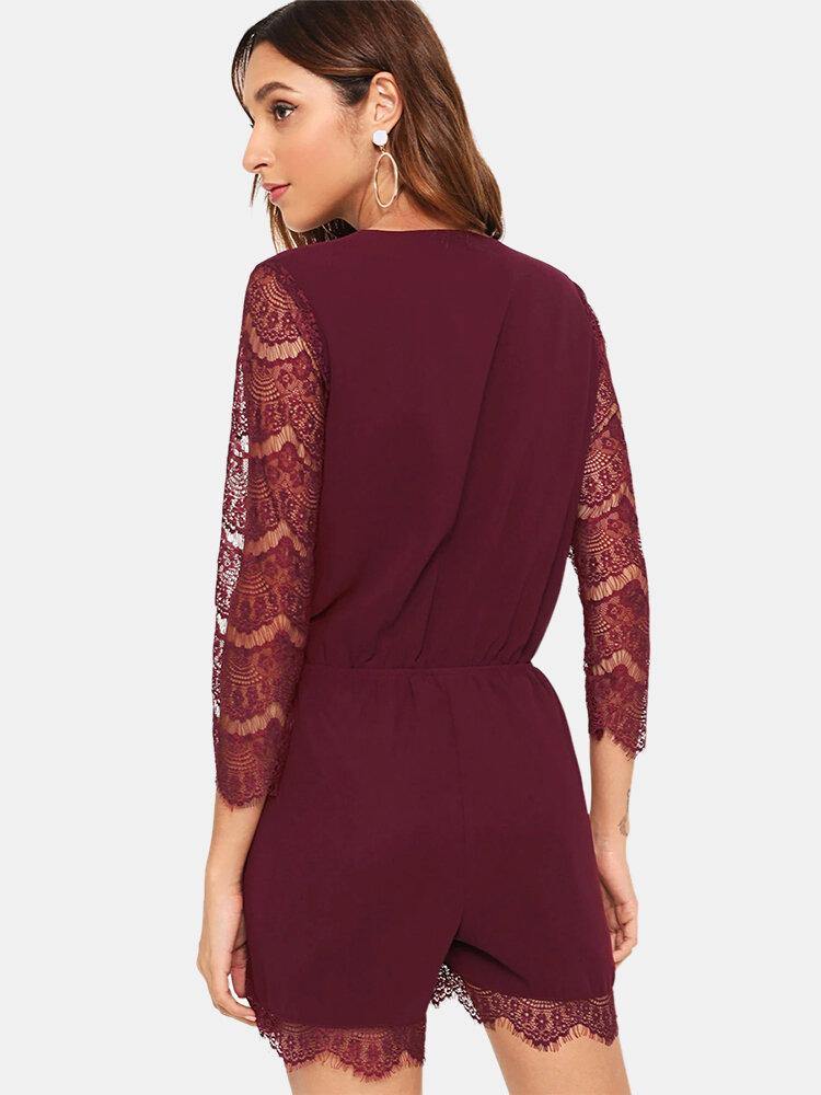 Lace Patchwork V-neck 3/4 Sleeve Casual Mini Dress - Trendha