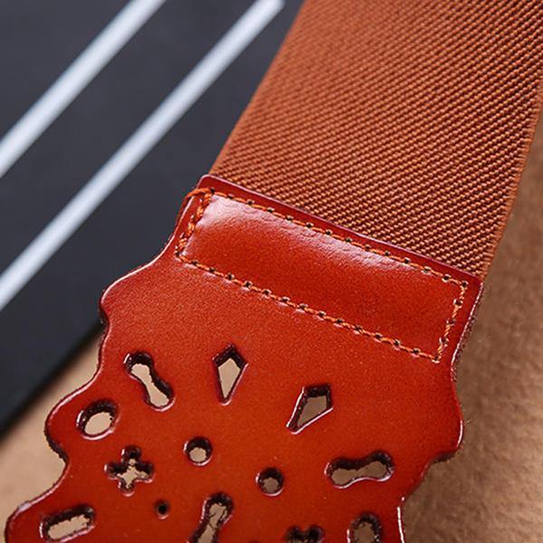 Women First Layer Leather Hollow Belts Elastic Stretchable Metal Button Waistband - Trendha