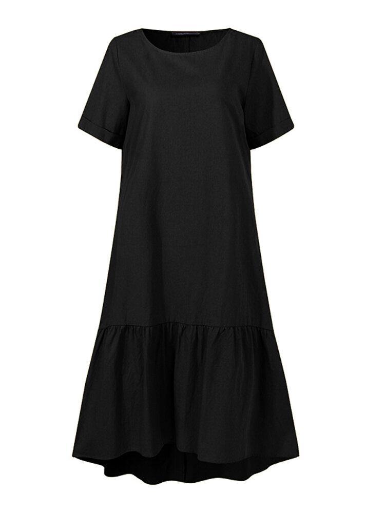 Cotton Women Solid Color Ruffles Round Neck Short Sleeve Casual Dresses - Trendha