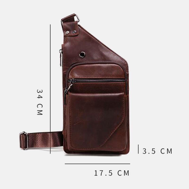 Men Genuine Leather Retro Business Leather Chest Bag Crossbody Bag With Earphone Hole - Trendha