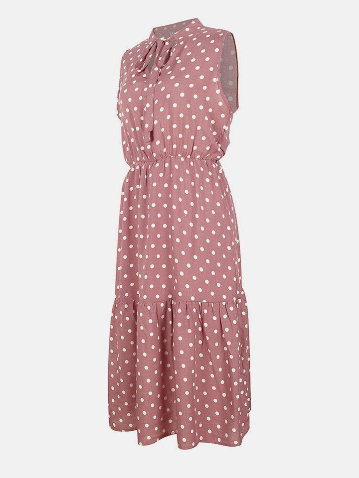 Polka Dot Print V-neck Sleeveless Knotted Pleated Dress For Women - Trendha