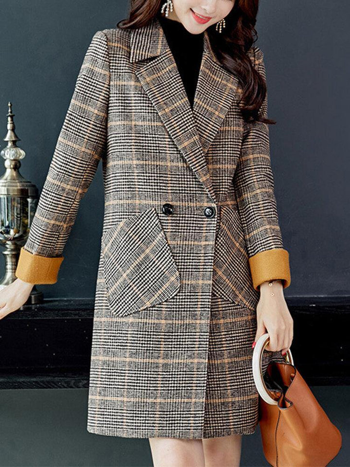 Women Classic Plaid Double Breasted Long Sleeve Coat With Pocket - Trendha