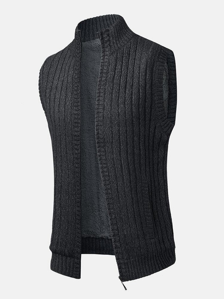 Mens Solid Color Knitted Warm Fleece Lined Zipper Sweater Vests - Trendha