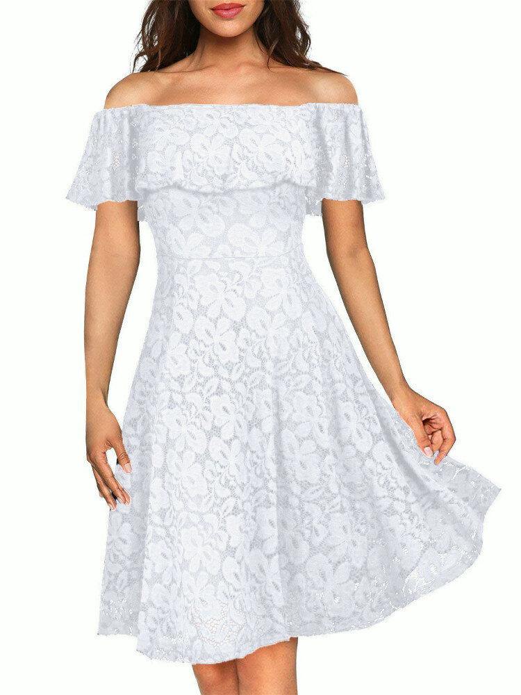 Women Lace Hollow Out Off Shoulder Slim Elegant Dress - Trendha