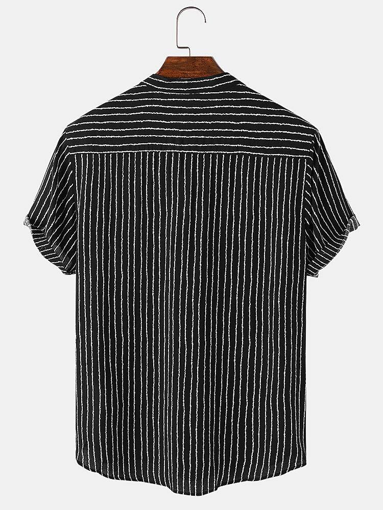 Mens Pinstripe Stand Collar Casual Short Sleeve Henley Shirts With Pocket - Trendha