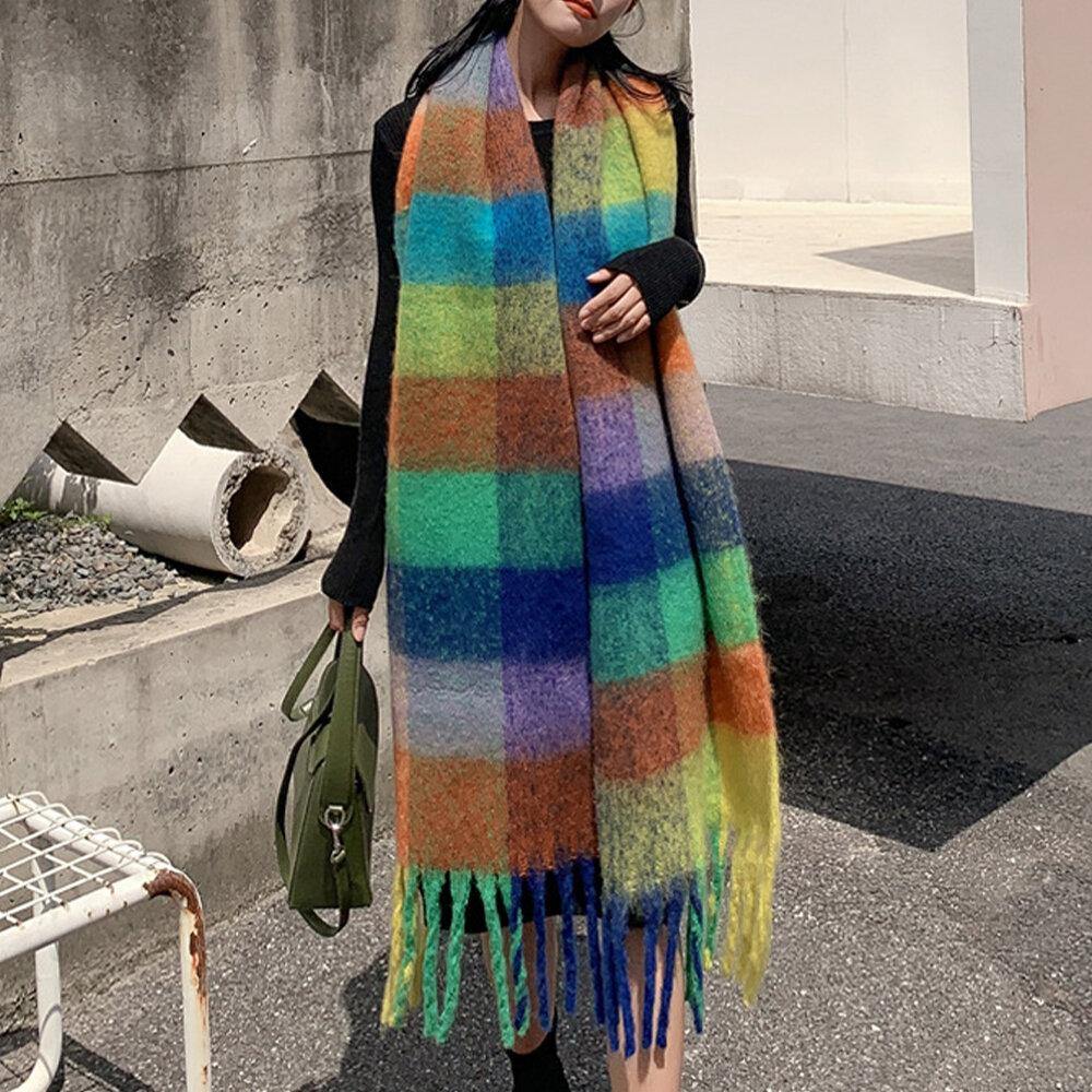 Women Cashmere Dual-use Rainbow Mixed Color Stripes Thicken Warm Plus Long Tassel Scarf Shawl - Trendha