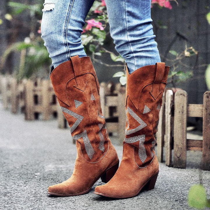 Plus Size Women Suede Rhinestone Chunky Heel Knee Cowboy Boots - Trendha